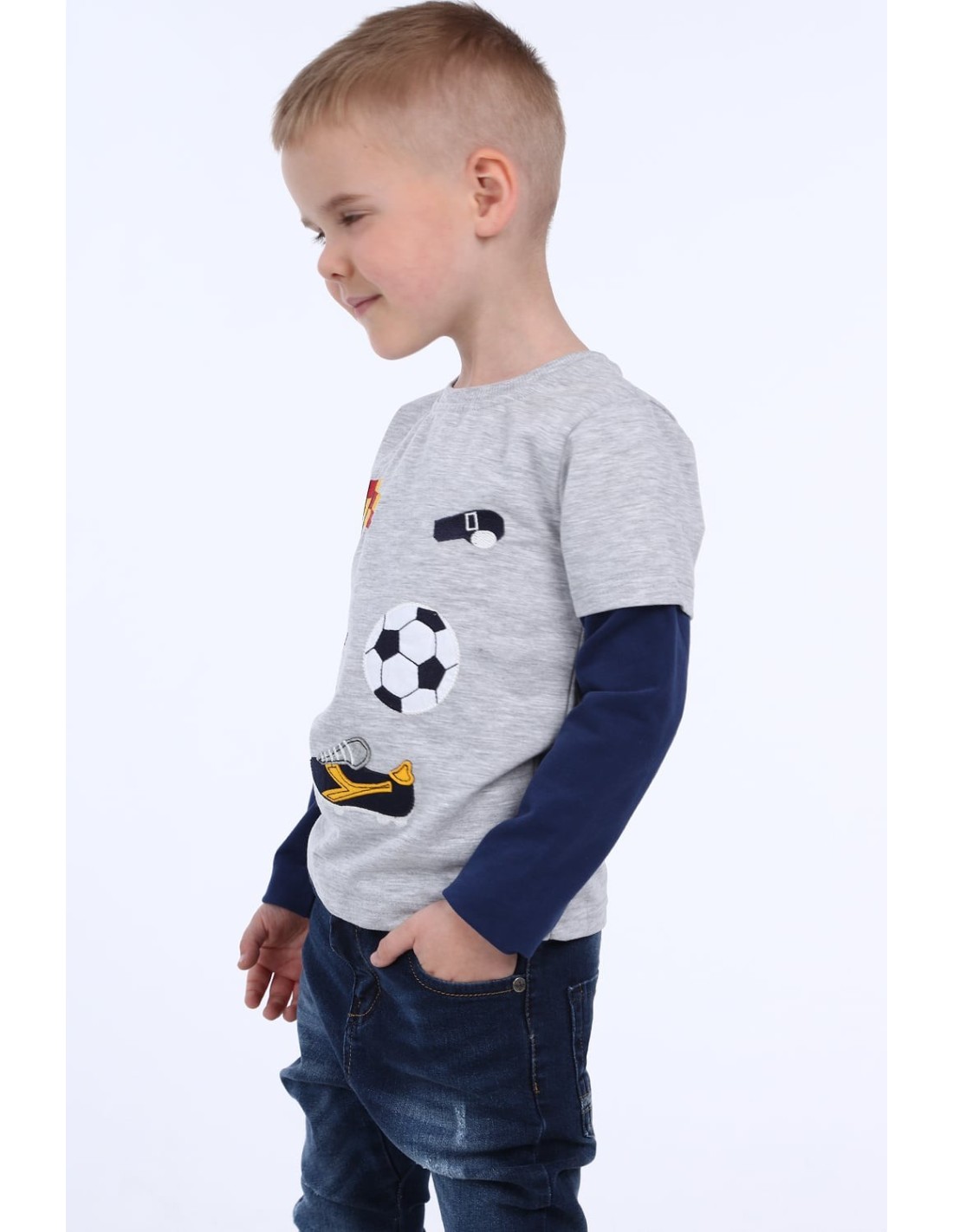 Boy\'s blouse with a football motif, light gray NDZ9092 - Online store - Boutique